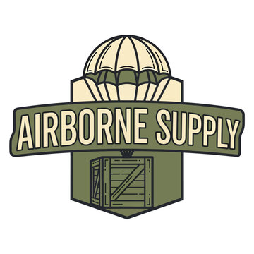Military airborne supply logo design featuring a parachute and wooden crate.
