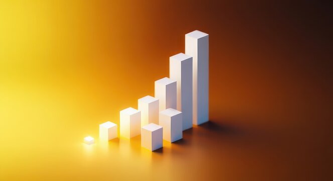 minimal 3d ascending white bar columns on warm yellow-orange gradient background conveying optimistic growth and upward momentum