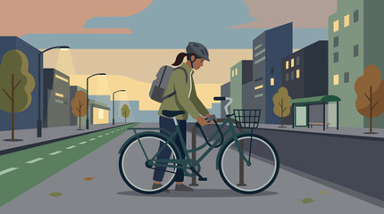 Fototapeta premium Urban cyclist with backpack on city street, ready to ride at sunset.
