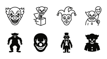 Obraz premium Set of evil clown and jester icons for horror themed graphic design projects with halloween character collection