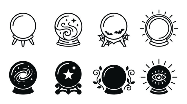 Set of mystic orb and crystal ball icons for fortune telling with esoteric illustration divination silhouette