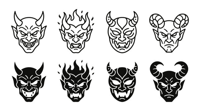 Set of eight demon mask icons with horns in outline and solid black style for halloween design halloween horrific
