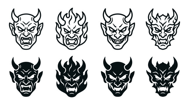 Collection of eight different demon and devil face icons in outline and silhouette graphic style with halloween