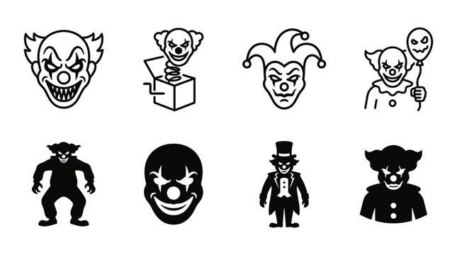 Set of evil clown and jester icons for horror themed graphic design projects with halloween character collection