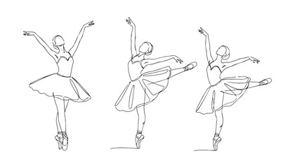 Continuous Simple black line art drawing set of ballerina dancing in a minimalist style on a white background. © shoshi