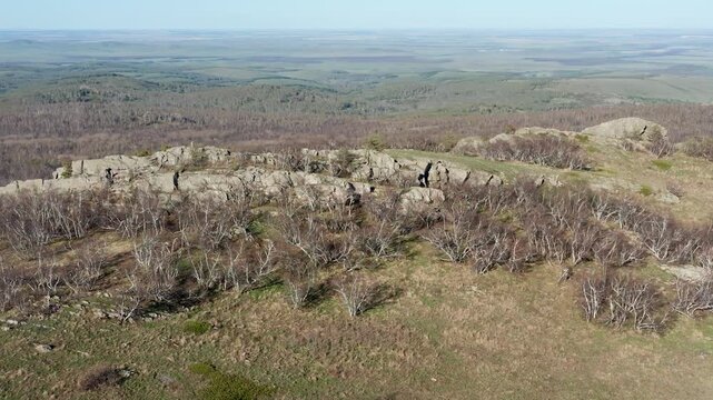 Urals in spring: Irendyk ridge, Mount Karatashmas. Aerial view.
