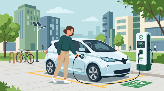 Woman charging electric car in city, eco-friendly urban transport concept