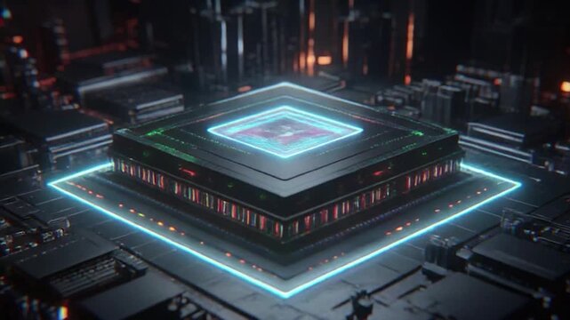 Glowing central processing unit square emitting multicolored energy fields on dark printed circuit board