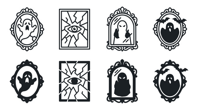 Set of gothic mirrors and broken picture frames with ghost apparitions and mysterious eye motifs silhouette mysterious