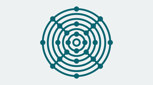 Atomic structure icon with concentric orbital nodes.