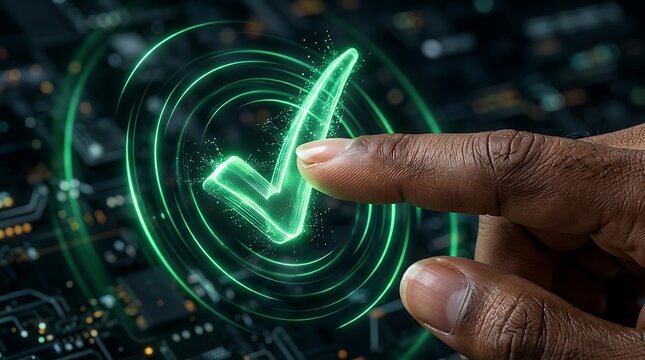 Human finger touching glowing green checkmark icon floating above dark circuit board pattern with concentric light.