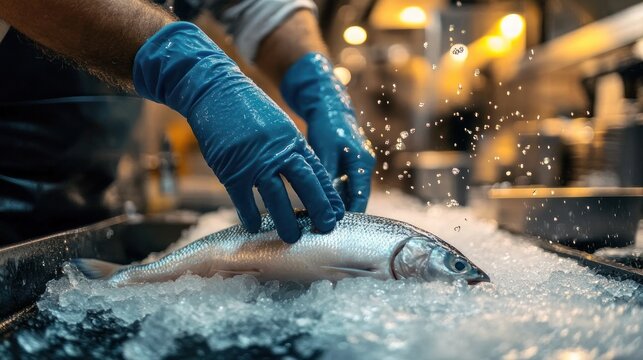 gloved hands placing a fresh whole fish on crushed ice in a metal tray with water splashing and warm market lights, focused professional handling
