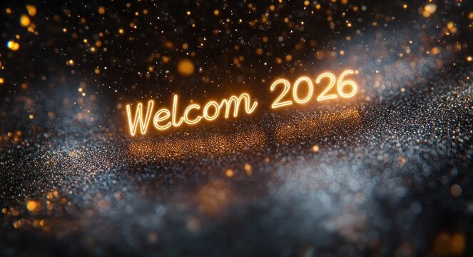 Glowing cursive neon Welcom 2025 sign over glittering dark surface with golden bokeh and sparkling particles, festive and magical celebratory mood