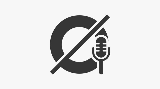 Black circular podcast logo with crossed out microphone.
