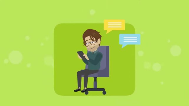 Businessman Sitting on Office Chair with Speech Bubbles on Green Background, Digital Marketing Communication, 2D Vector Animation