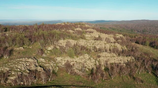 Urals in spring: Irendyk ridge, Mount Karatashmas. Aerial view.