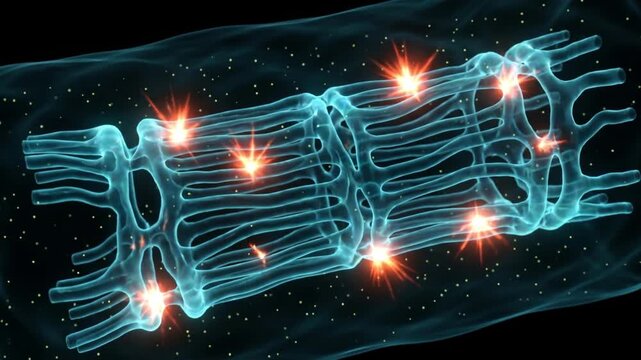 脈絡叢から脳脊髄液が噴出する様子を蛍光発光で表現した透明な脳のアイソメトリック3DCGアニメーション