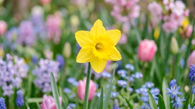 Beautiful single yellow daffodil flower blooming in a colorful spring garden full of soft purple and pink spring flowers