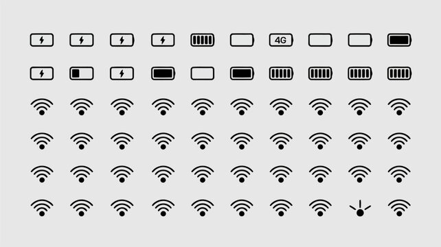 Collection of battery charge and Wi Fi signal strength icons on gray background battery icon
