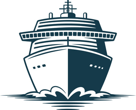 Front view flat of a large cruise ship, dark blue silhouette of a passenger vessel sailing on water with waves at the bow