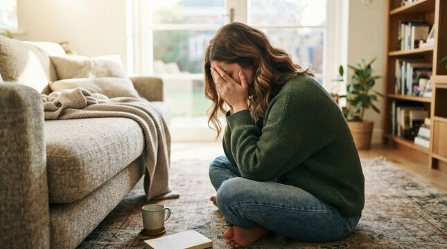 Woman sits on floor, holding head in hands, in living room during afternoon with sunlight coming through windows