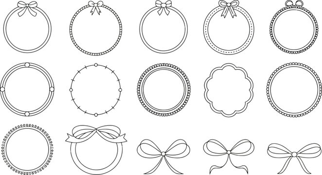 Collection of decorative circular frames and bows in black and white circle border