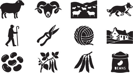 Black and white line art collection of animals and objects. © Idaryati