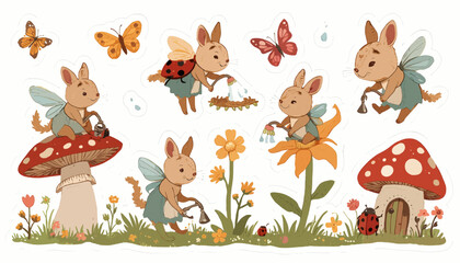 Naklejka premium Cute Kawaii Garden Fairy Animals Sticker Sheet Hand Drawn Vector