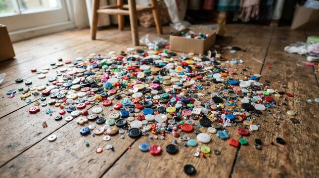 Colorful buttons scattered on wooden floor in a craft room during daylight hours