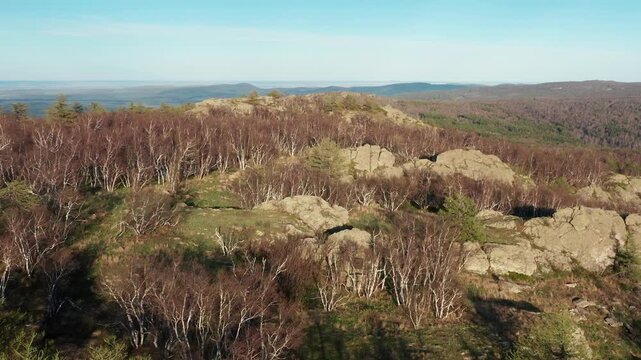 Urals in spring: Irendyk ridge, Mount Karatashmas. Aerial view.