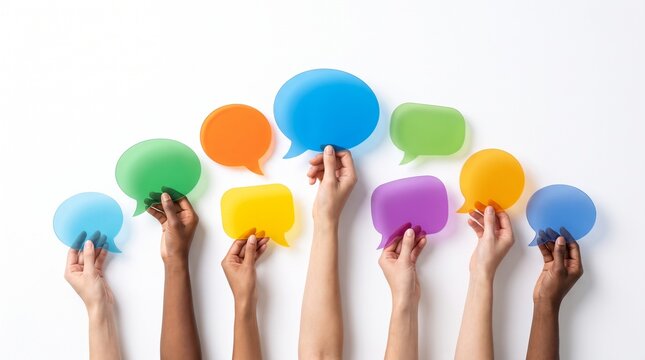 Diverse Hands Holding Colorful Speech Bubbles Representing Global Social Issues, Unity, Inclusion and Community Support
