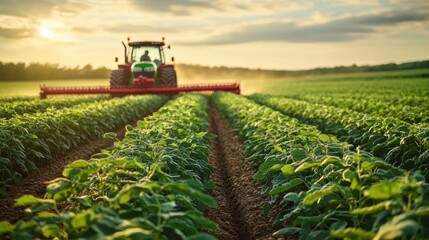 Obraz premium Tractor working through neat rows of young green crops in golden-hour light over flat farmland, peaceful and productive mood