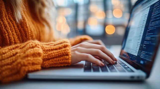 Close-up of hands typing code on a laptop while wearing an orange knit sweater, warm bokeh lights in the blurred background conveying a cozy focused work moment