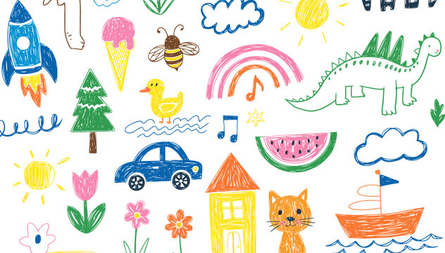 Colorful Hand Drawn Doodles of Childrens Drawings on White rocket ice cream