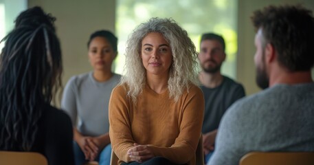 Fototapeta premium adults seated in a small support group circle in a softly lit room, woman with gray curly hair looking thoughtful and reflective, calm empathetic atmosphere