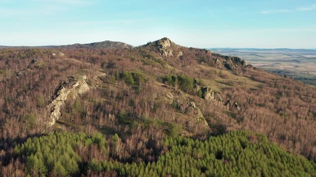 Urals in spring: Irendyk ridge, Mount Karatashmas. Aerial view.