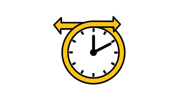 Flexible time icon featuring yellow clock with left and right arrows. Visual representation of adjustable schedule and time management.