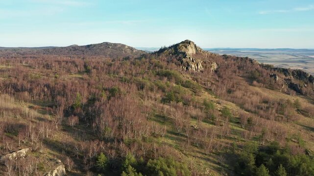 Urals in spring: Irendyk ridge, Mount Karatashmas. Aerial view.