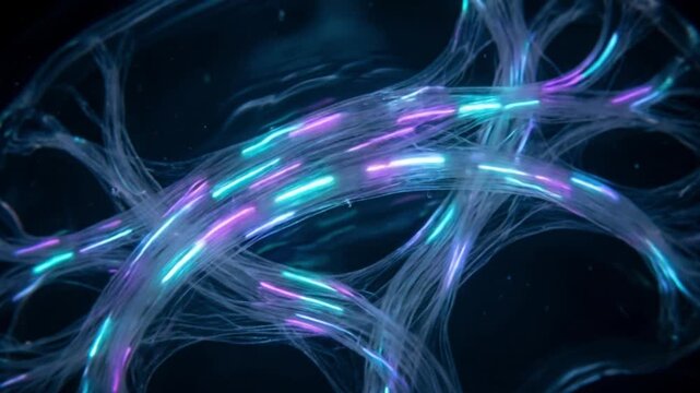 脈絡叢から脳脊髄液が噴出する様子を蛍光発光で表現した透明な脳のアイソメトリック3DCGアニメーション