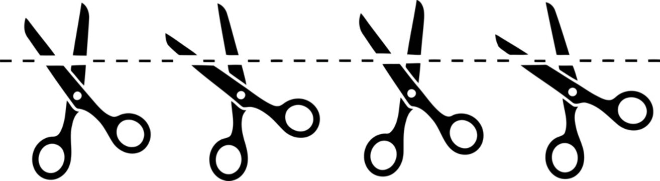 Four black scissors cutting a dashed line on a white background sharp