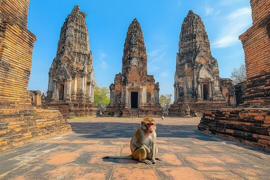 Curious monkey sitting on sunlit brick courtyard of an ancient temple ruin with three tall stone spires under a bright blue sky