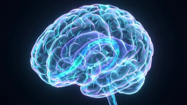 脈絡叢から脳脊髄液が噴出する様子を蛍光発光で表現した透明な脳のアイソメトリック3DCGアニメーション