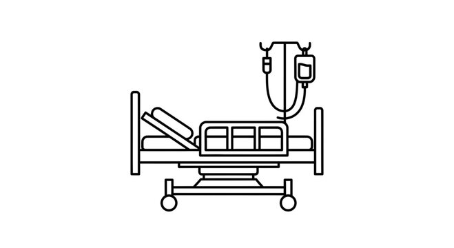 Hospital Bed with IV Drip - Medical Equipment Icon, Clean Line Art