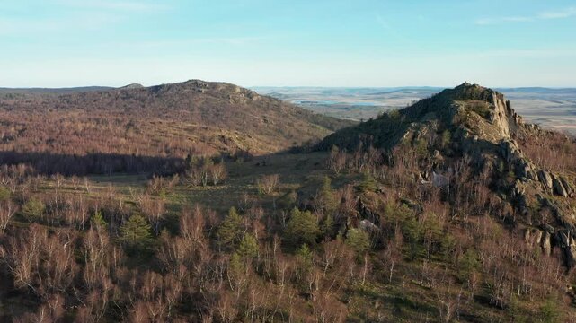 Urals in spring: Irendyk ridge, Mount Karatashmas. Aerial view.