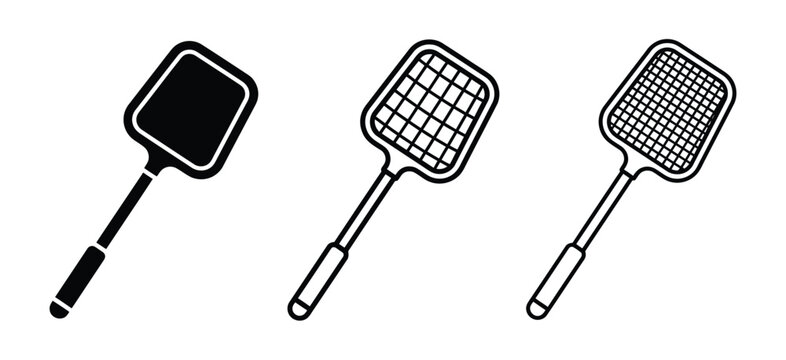 Set of three black fly swatter icons with different mesh designs for pest control and house cleaning