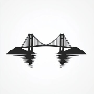 silhouette of a suspension bridge with twin towers and cables spanning rocky shores with water reflections, minimalist and tranquil