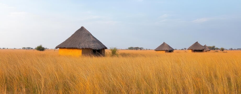 three yellow thatched round huts standing in tall golden grass under a calm blue sky, evoking peaceful rural solitude