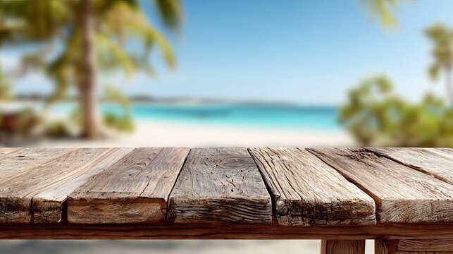 Rough weathered wooden table surface featuring a natural brown texture placed outdoors against a bright blurred tropical beach ocean background