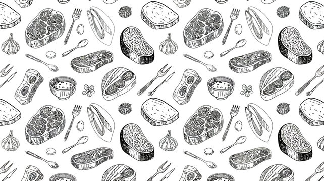 Hand drawn sketch seamless pattern of raw meat steaks and cutlery food
