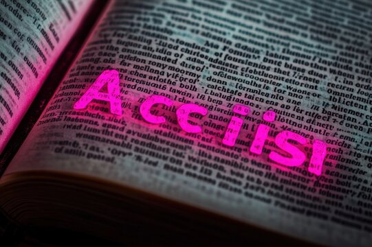 Close-up of an open dictionary page with small printed entries and a bold neon pink glowing highlighted word across the text, evoking tension and accusation